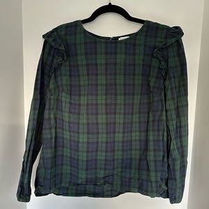 Green Tartan Jcrew shirt with ruffle shoulders size XL
